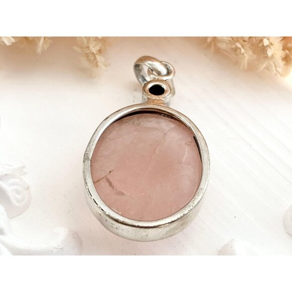 Rose Quartz Black Onyx Semi-Precious Gemstone Sterling Silver Vintage Pendant - Picture 6 of 10